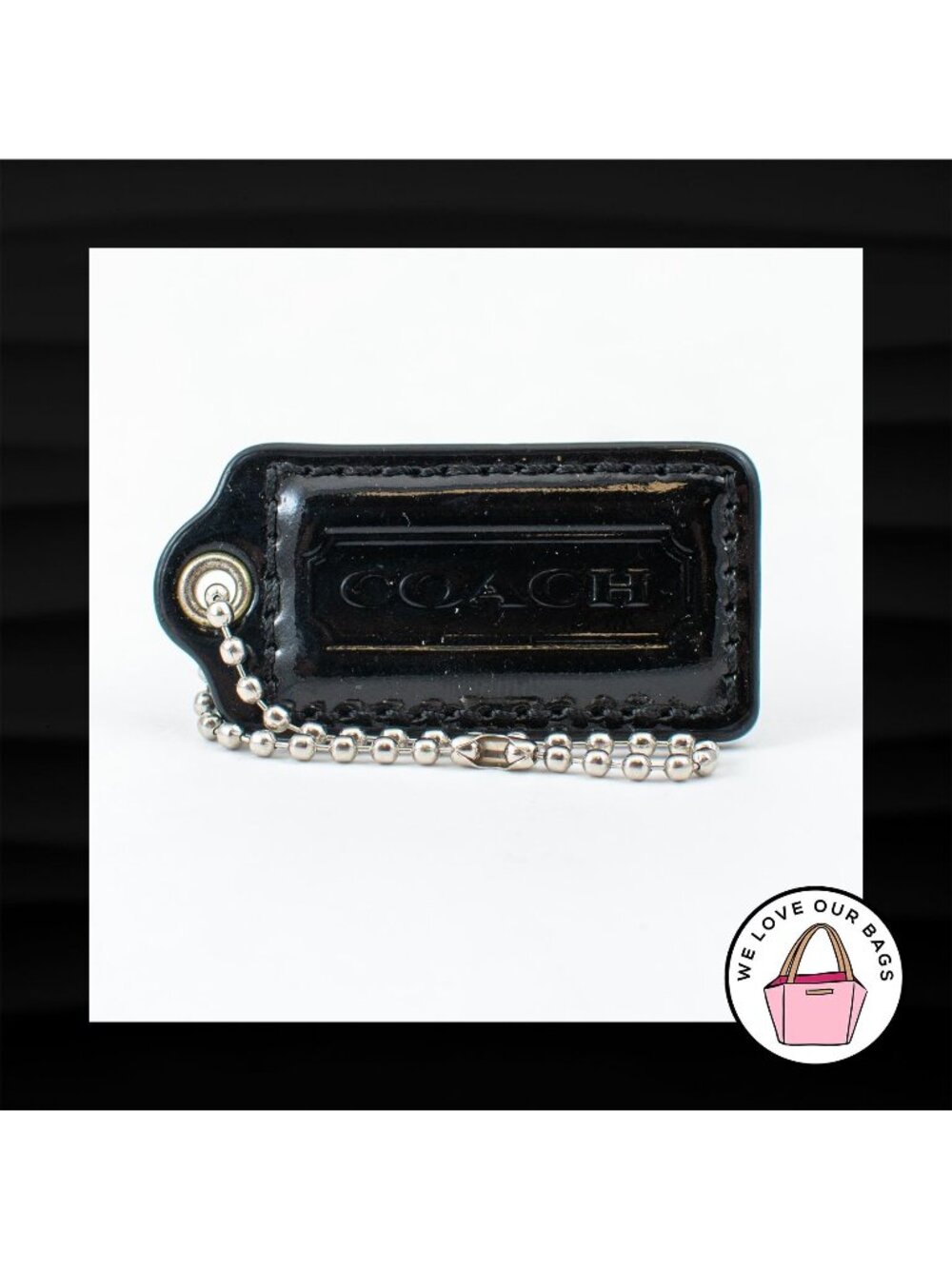 2" Medium COACH BLACK PATENT LEATHER KEY FOB BAG CHARM KEYCHAIN HANGTAG TAG